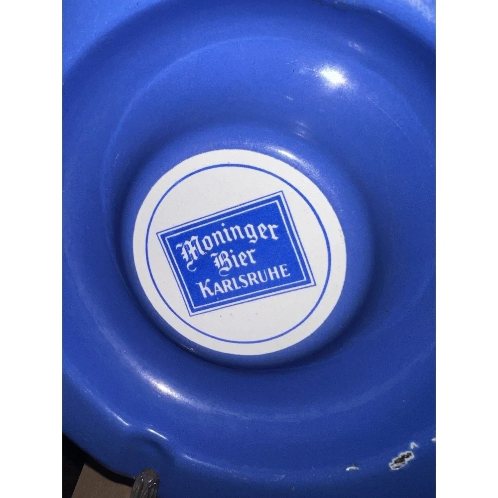 Vintage Moninger Bier Karlsruhe Blue Enamel Advertising Ashtray German Brewery